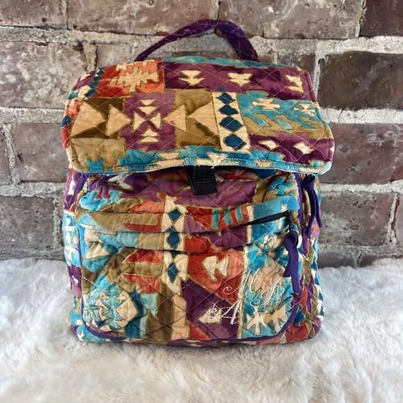 Handmade Quilted Aztec Pattern Backpack & Pouch Set In Multicolor Fabric - Picture 2 of 11